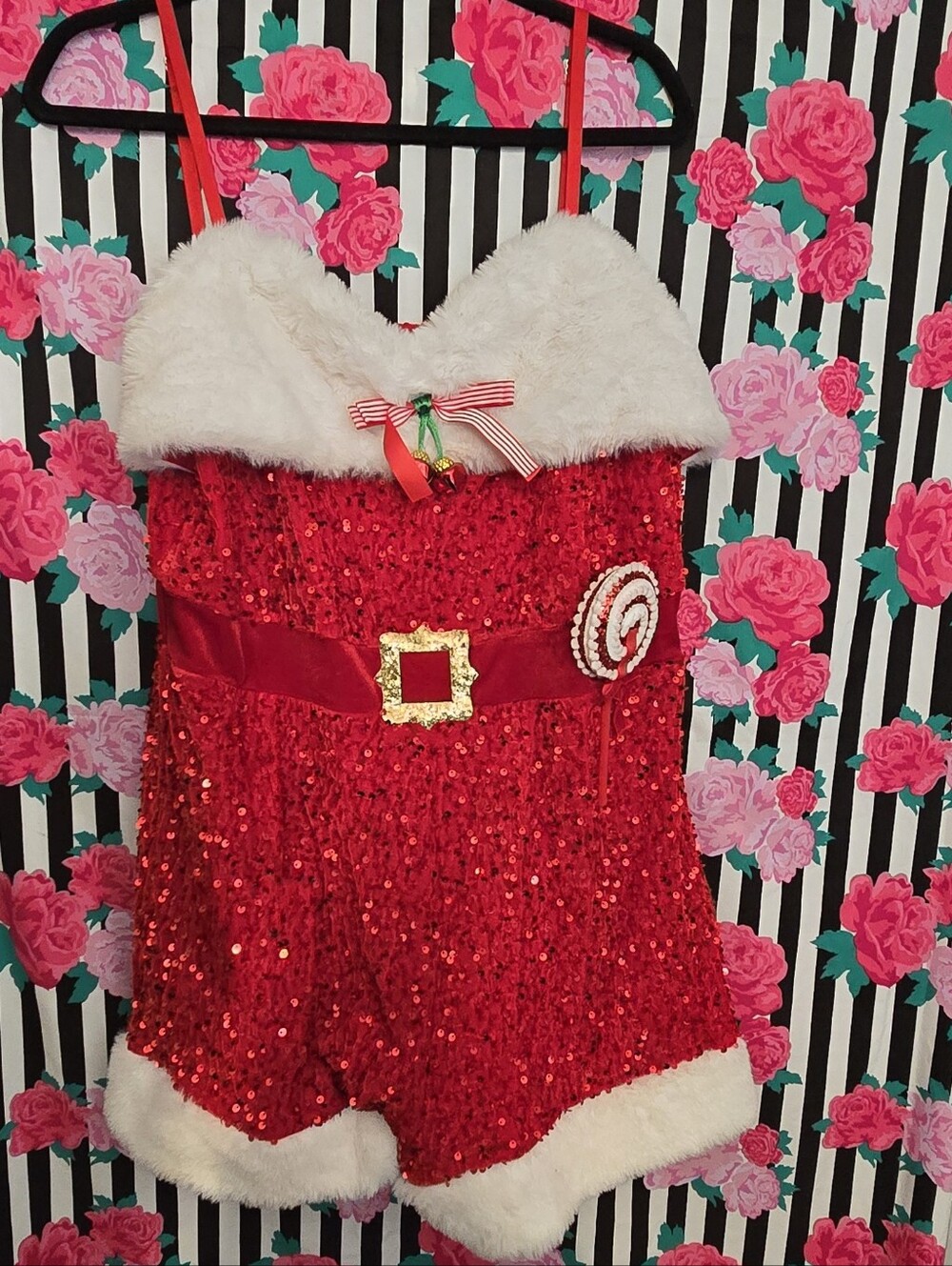 No Boundaries Red Sequin Holiday Romper with White Fur Trim